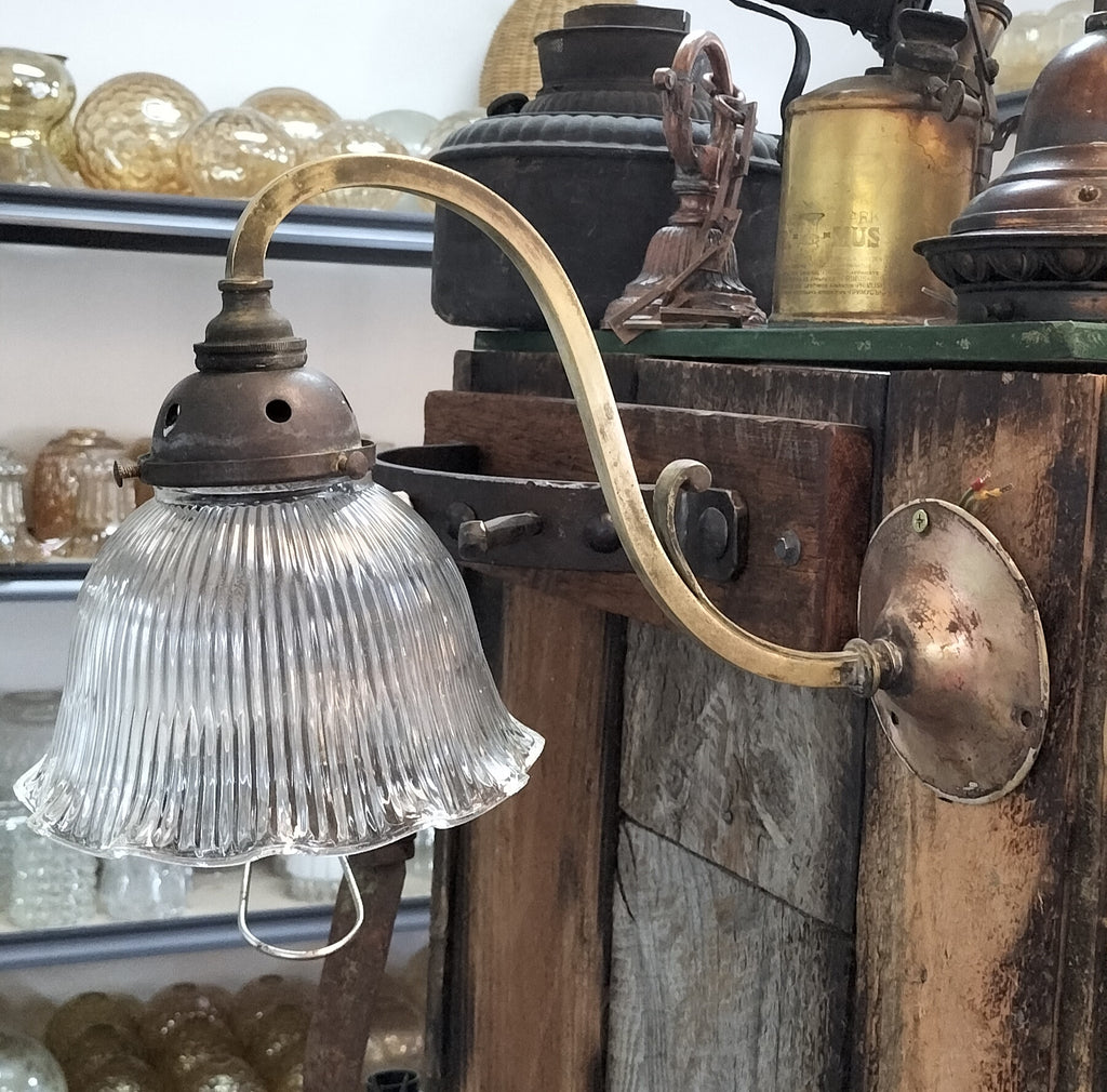 Victorian  Copper Wall Light with Holophane Shade