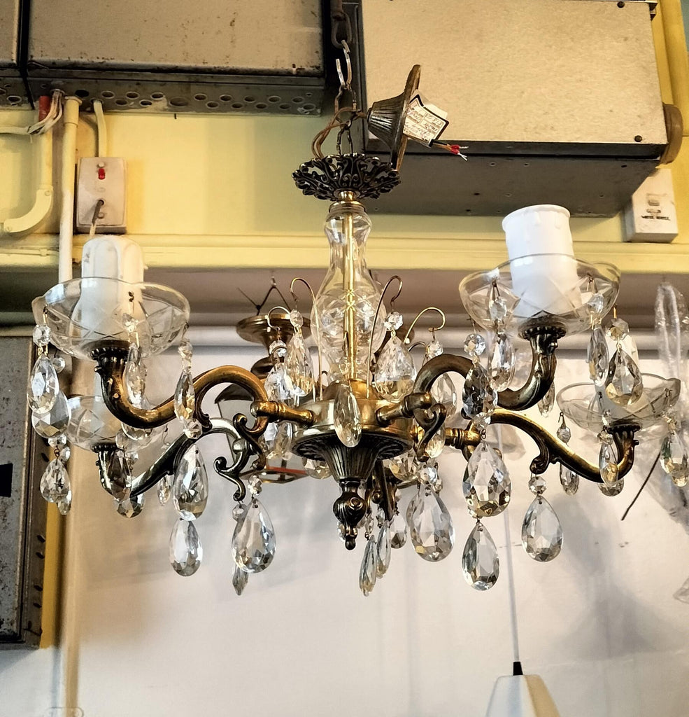 Five Arm Brass, Glass , Crystal Chandelier   ACD1