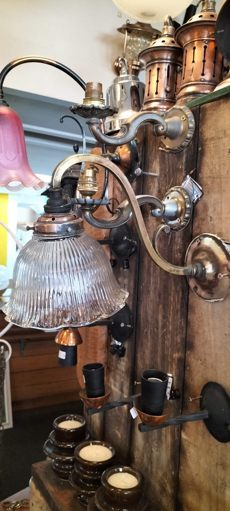 Victorian  Copper Wall Light with Holophane Shade