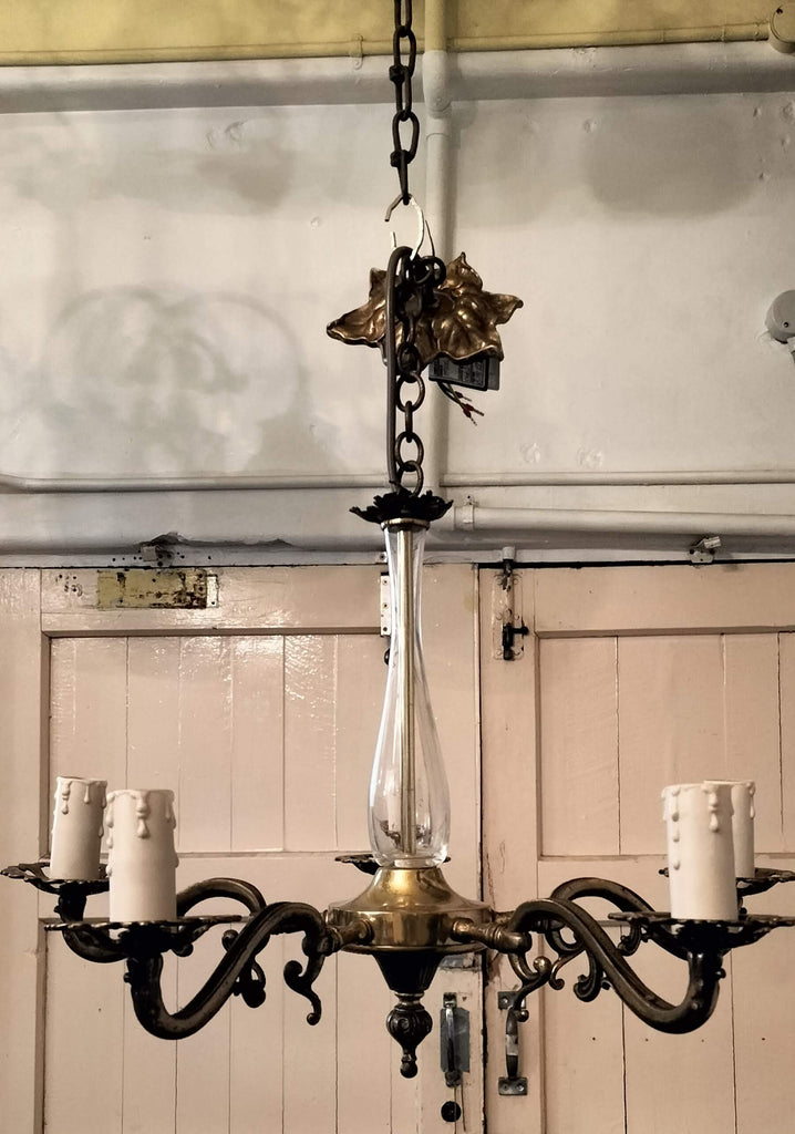 Five Arm Brass and Glass Chandelier    BC2