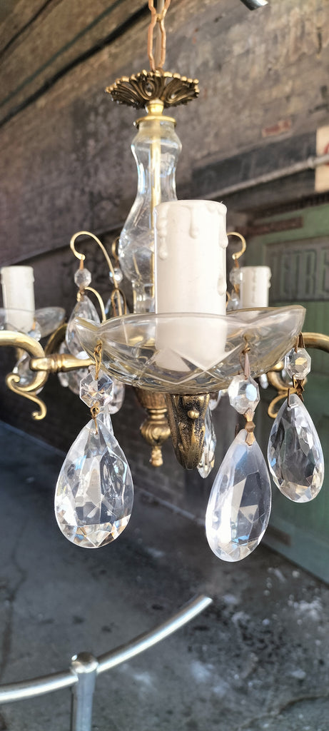 Five Arm Brass and Crystal Chandelier.   FA11