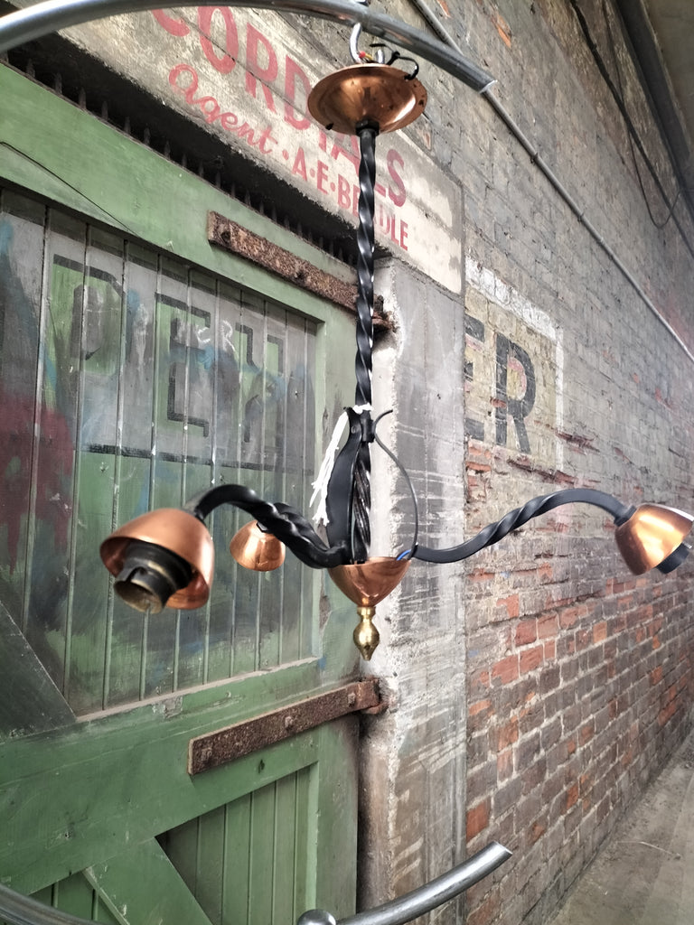 Three Arm Retro Copper and Wrought Iron Feature Light