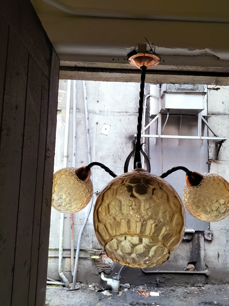 Three Arm Retro Copper and Wrought Iron Feature Light
