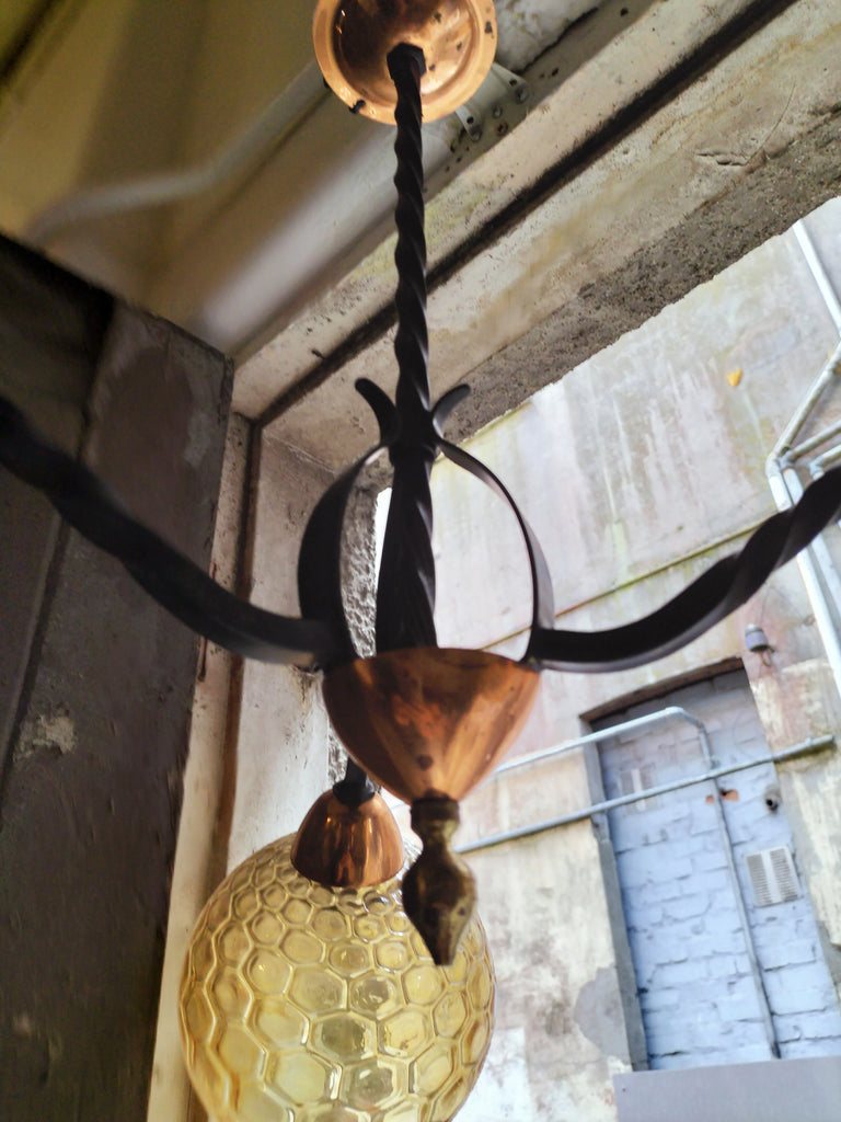 Three Arm Retro Copper and Wrought Iron Feature Light