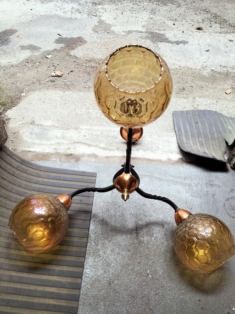 Three Arm Retro Copper and Wrought Iron Feature Light