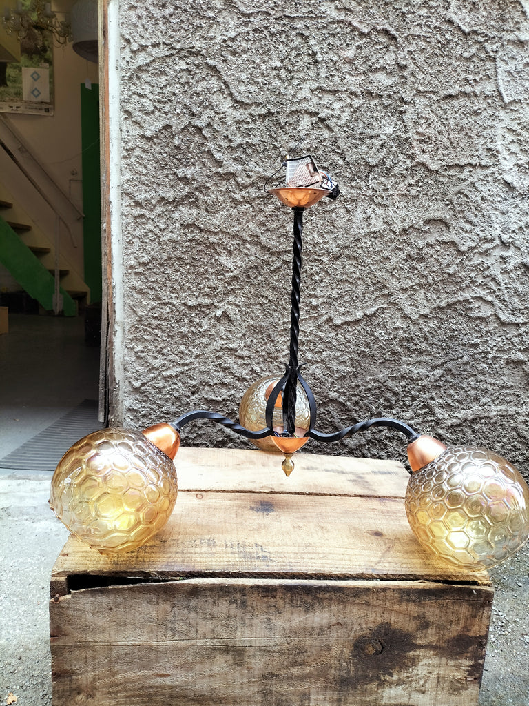 Three Arm Retro Copper and Wrought Iron Feature Light